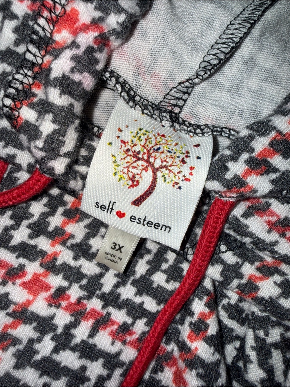Self Esteem Women's Lightweight Houndstooth Hoodie - Black, White & Red Accents - Picture 4 of 4